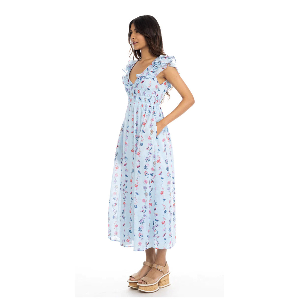 Banjanan Maya Dress Floral Misty Blue V-neck Midi Ruffle Cotton Sz XL‎